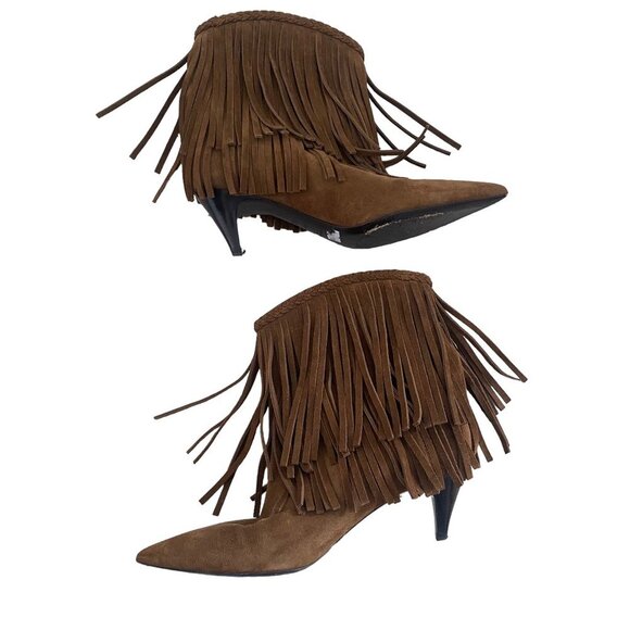 Saint Laurent Fringe Suede Camel Boots Charlotte ankle brown pointy toe western - Picture 1 of 11
